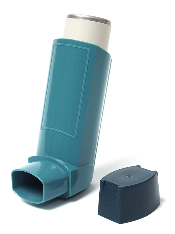 A blue asthma inhaler.