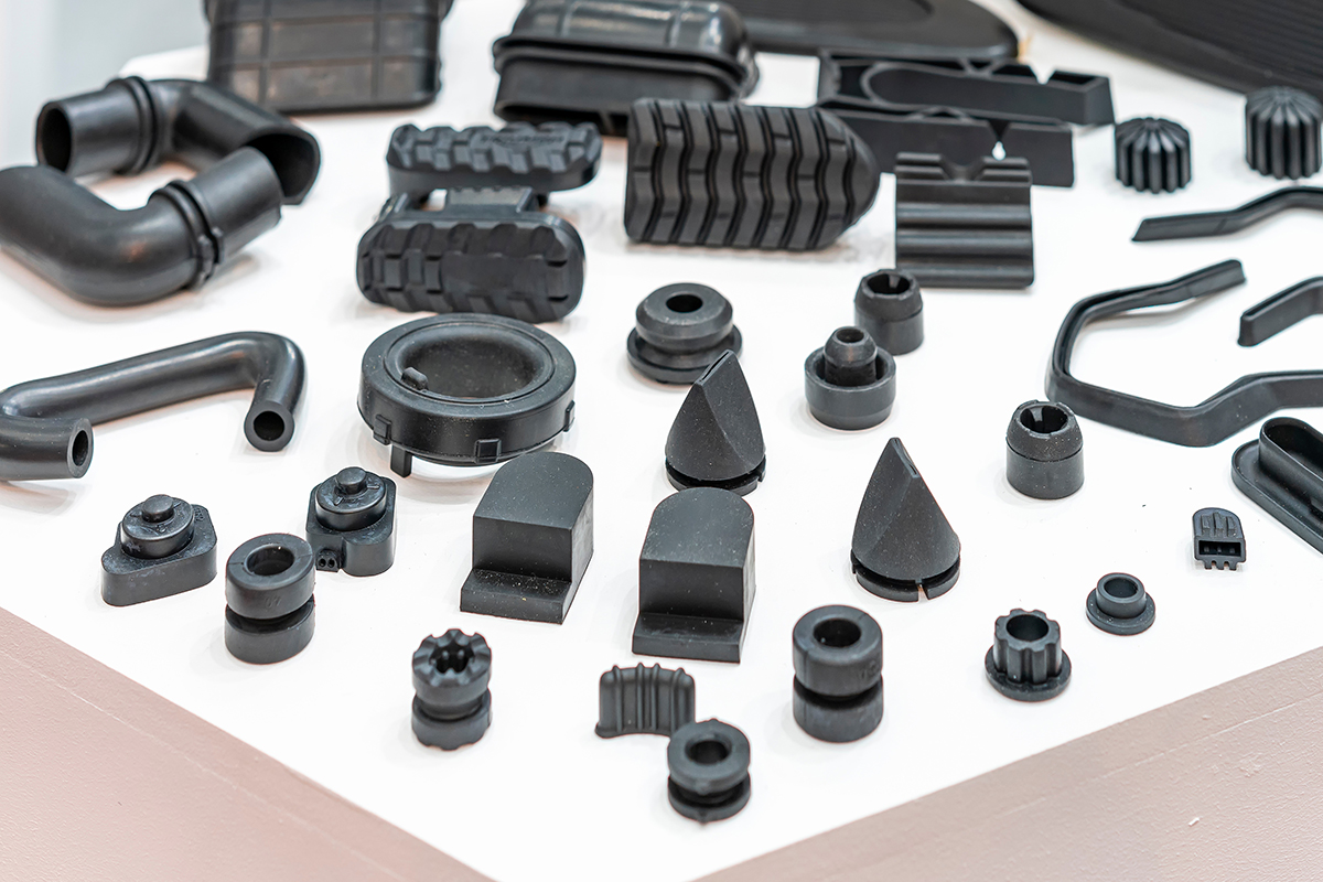 Various compression molded rubber parts for the automotive industry.