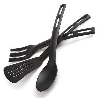 Black plastic spatulas and spoons are bundled together.